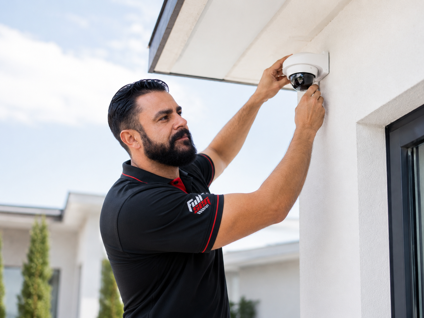 Técnico da FullSegRP instalando uma câmera de segurança